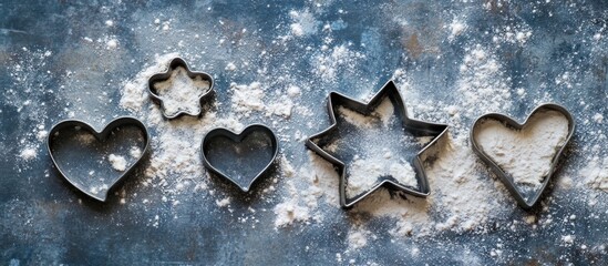 Flour-dusted metal cookie cutters in heart and star shapes ready for baking
