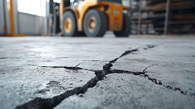 Cracked concrete floor damage inspection repair forklift warehouse safety hazard maintenance construction 