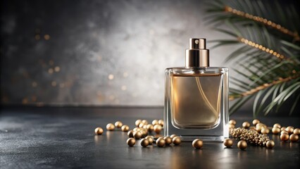 Bottle of perfume sitting on a sleek grey background with a subtle shine, surrounded by minimalistic decorations, sophisticated style, fragrance