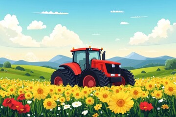 Red Tractor in Flower Field, Mountain Background