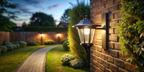 Solar lamp on a garden wall with warm light illuminating the pathway to a house entrance at night, garden path, solar powered