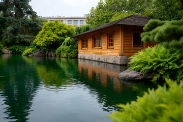 Obraz premium Serene wooden house nestled beside a tranquil pond within a lush garden. Generative AI