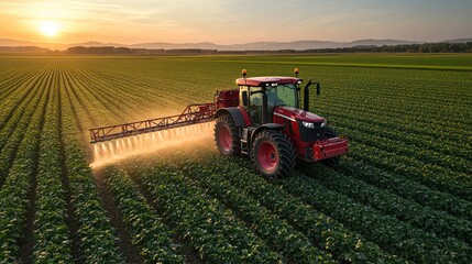 Fototapeta premium Red tractor spraying crops at sunset in a vast agricultural field.