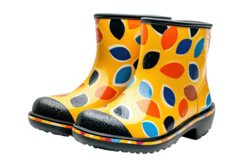 Colorful kids rain boots playful yellow design with vibrant leaf patterns perfect for rainy adventures water droplets