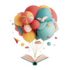 A colorful illustration of balloons rising from an open book, symbolizing creativity. isolated on transparent background Generative Ai.