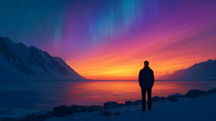 Solitary figure silhouetted against a vibrant aurora borealis over snow-capped mountains and a calm lake at sunset. Generative AI