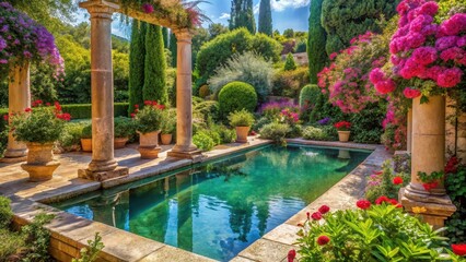 Pool surrounded by lush Mediterranean garden with ancient stone columns and colorful flowers, landscape