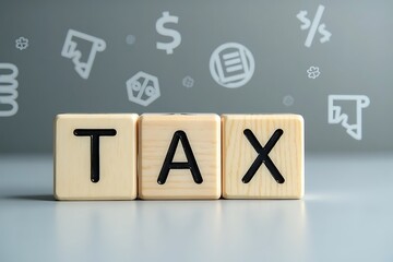 Wooden Blocks with Tax Word on Financial Icons Business Fiscal Concept