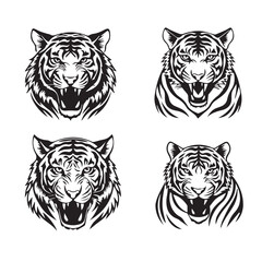 Set of tiger head illustrations in black and white. Tiger head design on white background