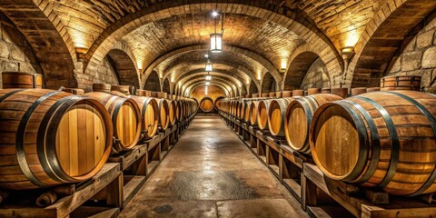 Old French oak wooden barrels in underground cellars for wine aging process , wine barrel, cellar, wine barrel