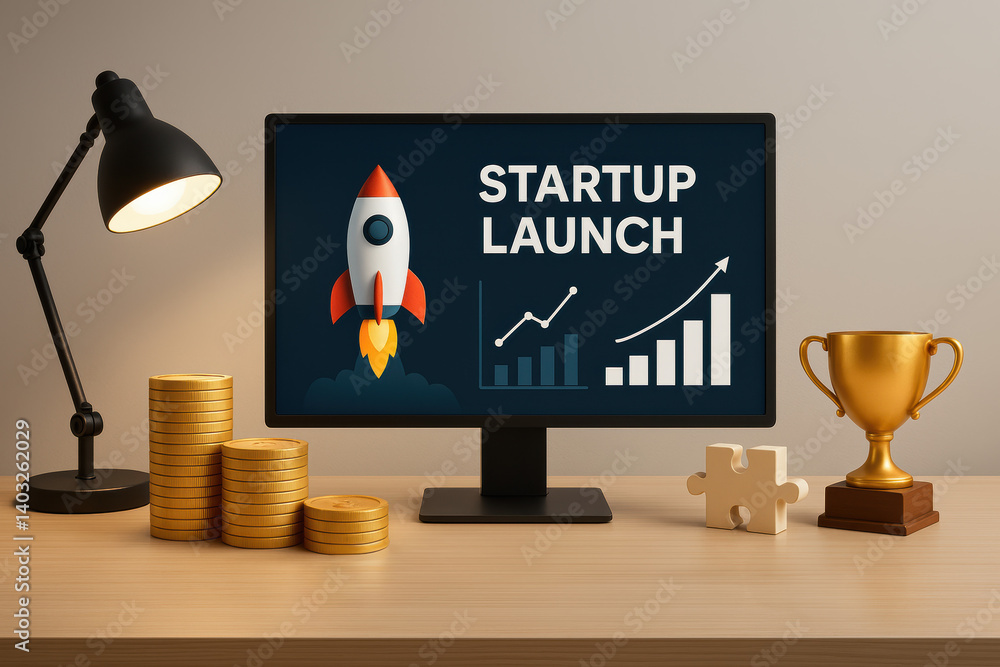 Poster startup launch office essentials growth a modern workspace featuring a computer with a rocket launch