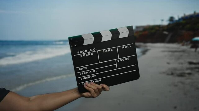 Man holding clapperboard at seaside beach, capturing outdoor filming scene with waves gently crashing ashore, emphasizing film production and summer vibes.