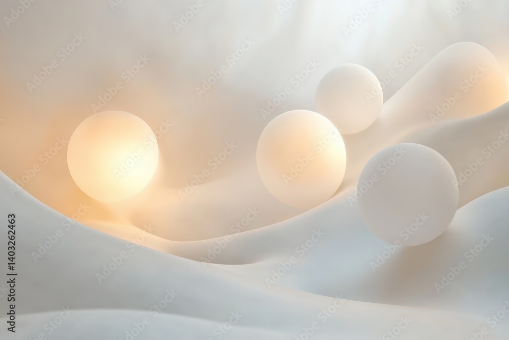 Aufkleber soft glowing spheres resting on a smooth white surface in dim light setting