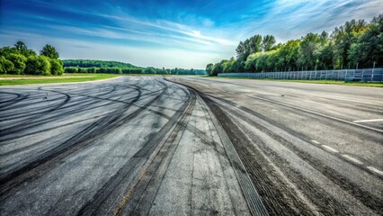 Desolate asphalt stretch with faded tire marks and scattered debris from abandoned racing events, abandoned track, racing debris