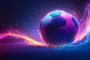 Naklejka premium Abstract Glowing Soccer Ball Art Blue & Pink Neon Ball with Glitter Trails Design
