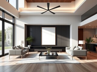 Modern interior design of an empty living room with furniture and a window Empty room with window and white wall featuring simple furniture and wooden floor