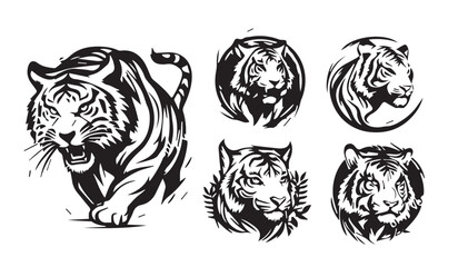 Set of tiger head illustrations in black and white. Tiger head design on white background