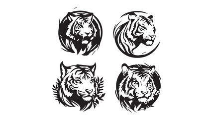 Set of tiger head illustrations in black and white. Tiger head design on white background