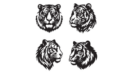 Set of tiger head illustrations in black and white. Tiger head design on white background