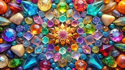 A vibrant collection of gemstones and crystals placed in a precise geometric pattern, reflecting light and highlighting their intricate details , colors, geometry