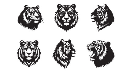Set of tiger head illustrations in black and white. Tiger head design on white background