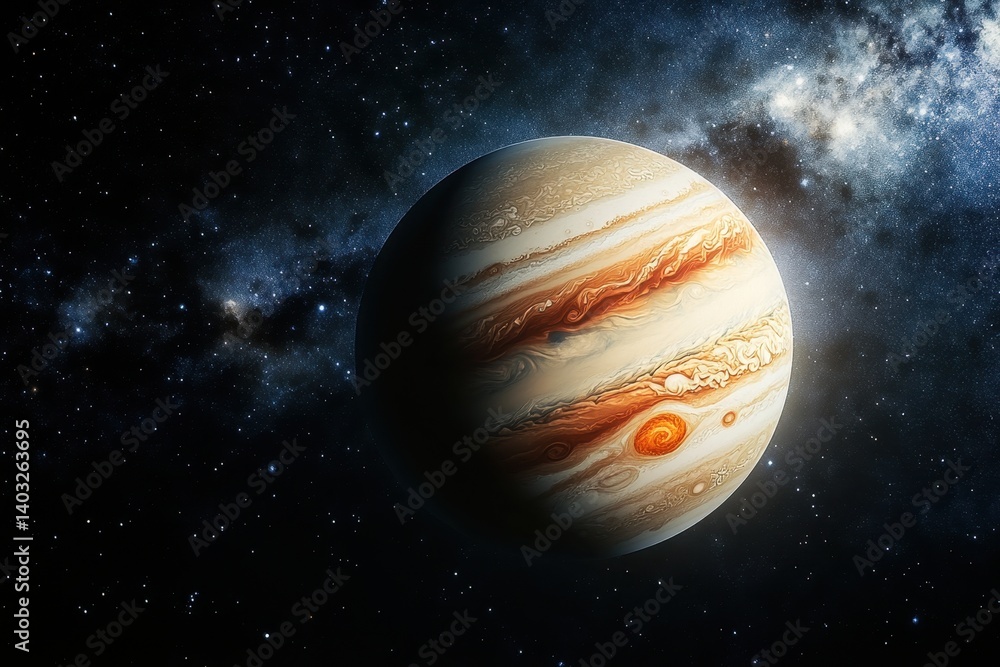 Poster jupiter surrounded by stars in deep space with colorful bands and great red spot visible