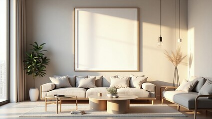 Modern interior design of an empty living room with furniture and a window Empty room with window and white wall featuring simple furniture and wooden floor