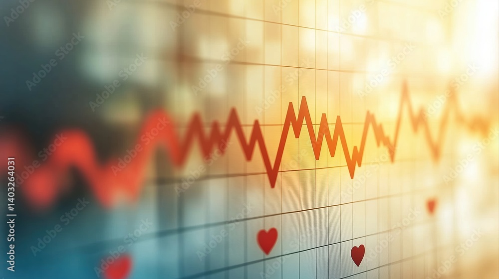 Poster heartbeat graph with red line and heart symbols on a light background in medical context