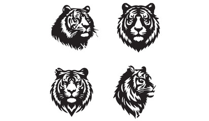 Set of tiger head illustrations in black and white. Tiger head design on white background