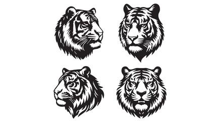 Set of tiger head illustrations in black and white. Tiger head design on white background