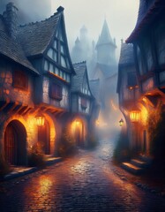 Obraz premium Fog rolling down a medieval city street at dusk
