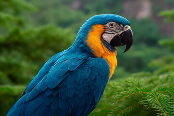 Obraz premium Vibrant blue and gold macaw perched amidst lush green foliage. Generative AI