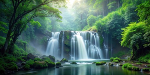 Naklejka premium waterfall in misty surroundings of dense forest, ground, outdoors, ground, outdoors, trees, mist, foliage, wilderness