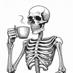 Funny Skeleton with Coffee Cup &ndash; Black and White Line Art Drawing