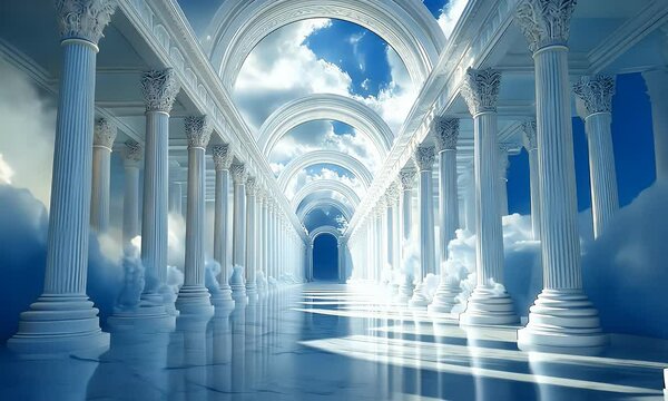 Heavenly Colonnade Serene white marble columns and arches extend to a bright sky, creating a peaceful, ethereal atmosphere.