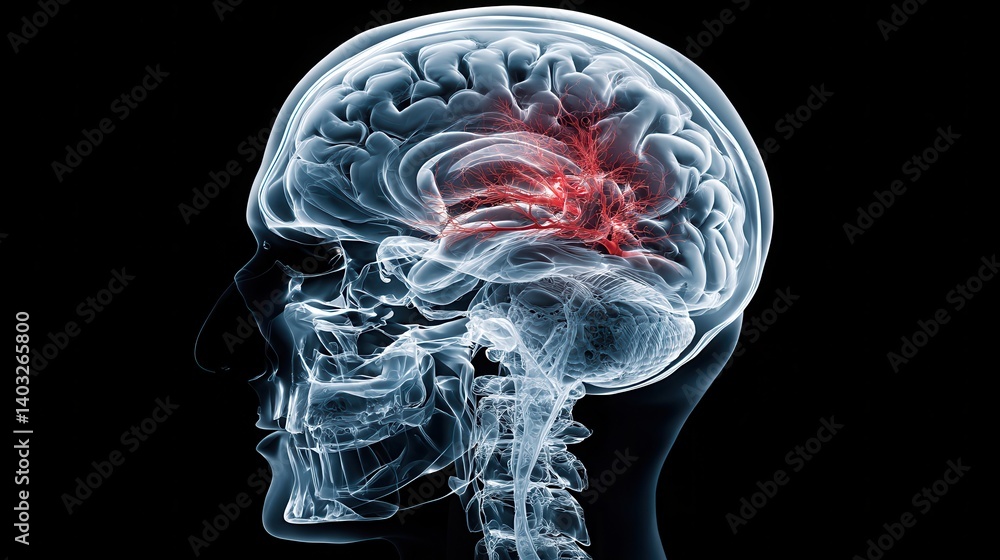 Poster side view x-ray image of a human skull showing a highlighted red area in the brain, indicating a str