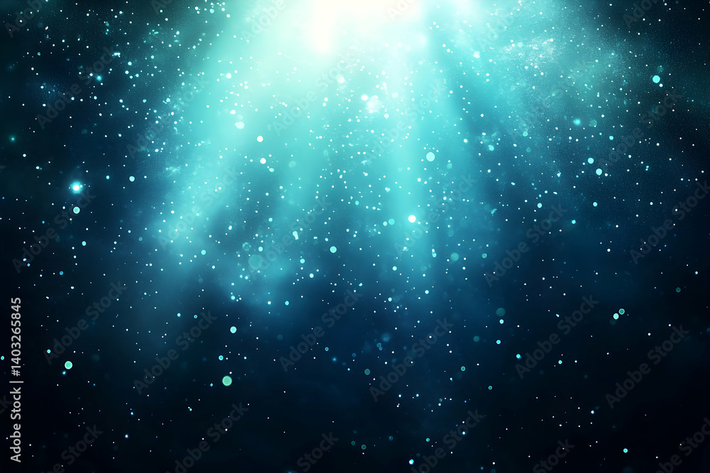 Poster ethereal cosmic scene with shimmering particles and light rays illuminating the dark space backgroun