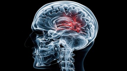 Side view X-ray image of a human skull showing a highlighted red area in the brain, indicating a stroke or brain injury.
