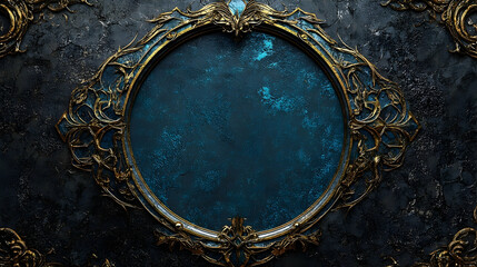 Obraz premium Ornate gold-framed circular design on dark textured background.