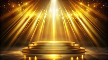 Golden podium illuminated by vibrant beams of light shining down from above, creating a sense of grandeur and majesty, beams