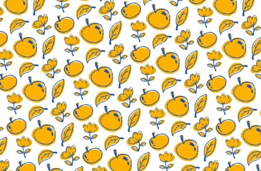 Playful background featuring hand-drawn yellow apples, leaves, and whimsical floral elements outlined in sketchy blue lines. Set against a clean white background, this design brings a cheerful.