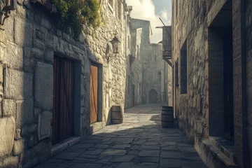 Sun-drenched alleyway between aged stone buildings.
