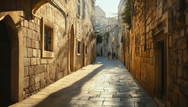 Sun-drenched alleyway in a historic European city.
