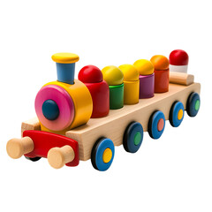 Colorful wooden toy train with stacking cylinders.
