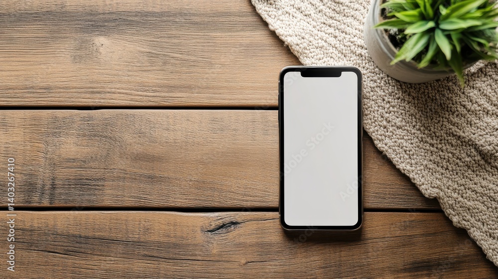 Poster blank screen mobile phone with copy space on wooden side table flat lay top view copy space mockup t