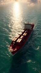 Obraz premium Cargo ship sailing on ocean at sunset