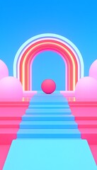 Pastel Rainbow Archway Staircase Scene with Pink Sphere