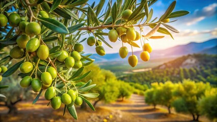 A cluster of green olives gently swaying in the breeze from the branches of an ancient olive tree amidst a lush Mediterranean landscape, branch, natural