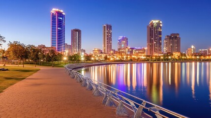 Obraz premium City park twilight lake reflection skyline