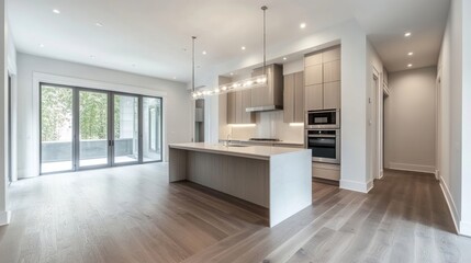 Kitchen interior in a beautiful new luxury home with a kitchen island and wooden floor, bright modern minimal style, with copy space
